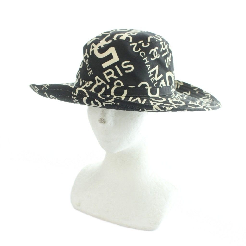 シャネル CHANEL 02SS バケットハット コットン 帽子 ココマーク NO.5 ロゴ 総柄 58 黒 ブラック ■GY18 /MQ ■OH