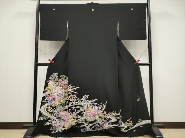 平和屋着物●本加賀友禅作家　染元千紅代表　寺西一紘　黒留袖　流水花舟文　正絹　逸品　CABG3373tx
