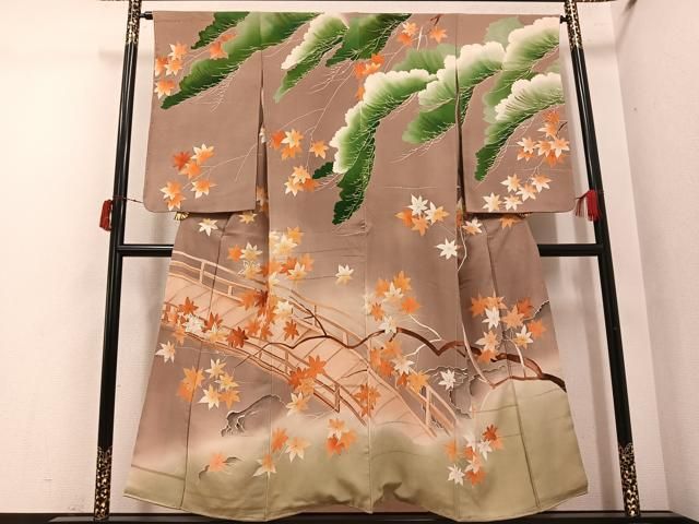 平和屋着物●アンティーク　大正ロマン　訪問着　刺繍　松楓　暈し染め　金銀彩　正絹　逸品　未使用　AABI7417ph