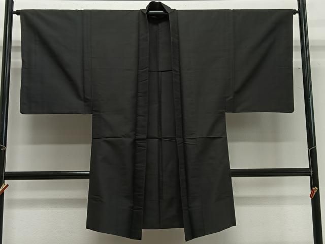 平和屋着物∞男性　長羽織　紬地　黒色　正絹　逸品　CABG3791ua
