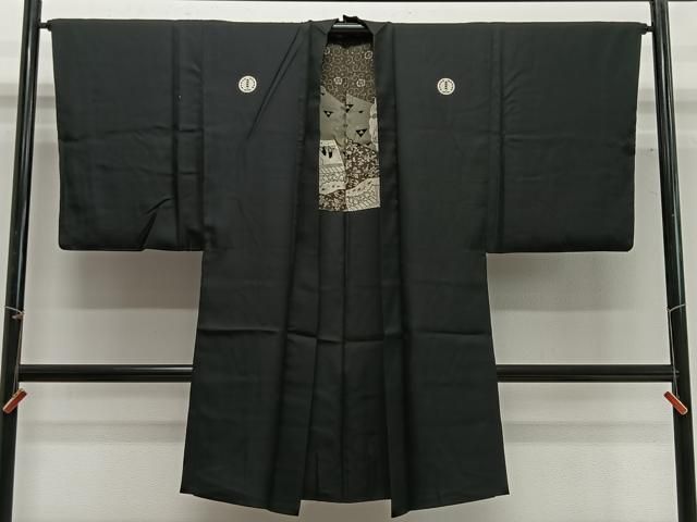 平和屋着物∞男性　長羽織　黒紋付　羽裏：人物文　正絹　逸品　CABG3794ua
