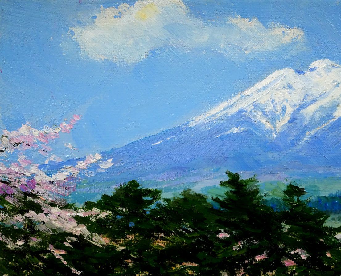 佐間田 敏夫「花とつがる富士（弘前）」油絵・F3号 「一枚の繪」で活躍
