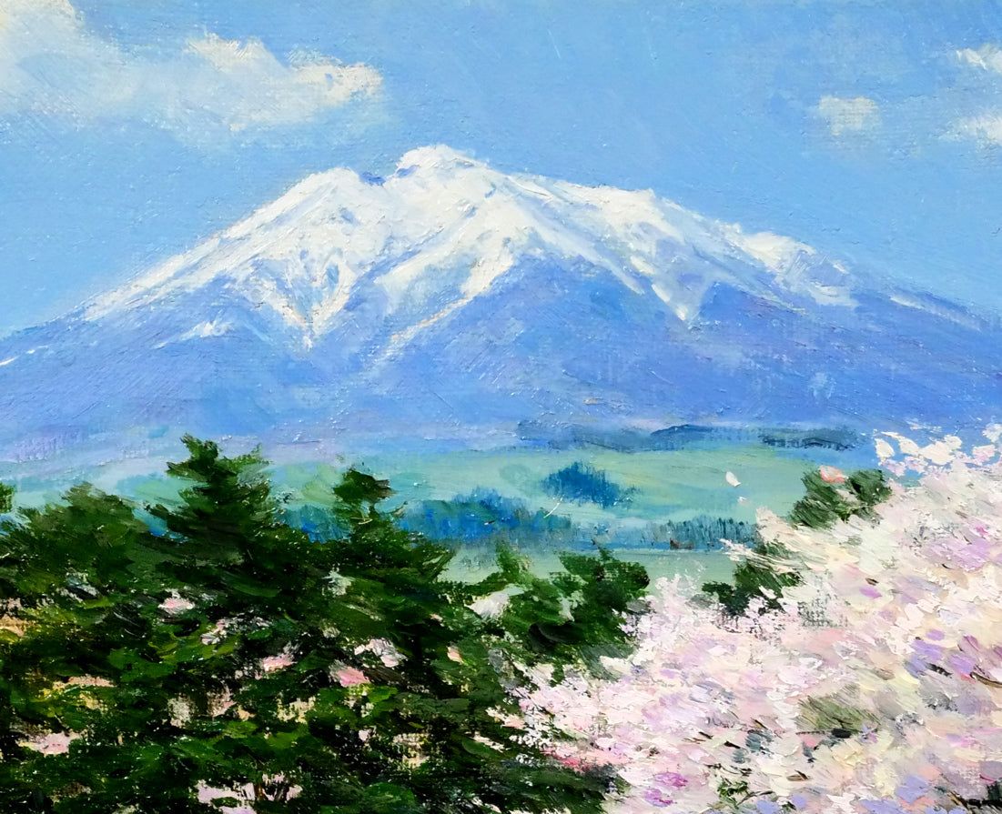 佐間田 敏夫「花とつがる富士（弘前）」油絵・F3号 「一枚の繪」で活躍