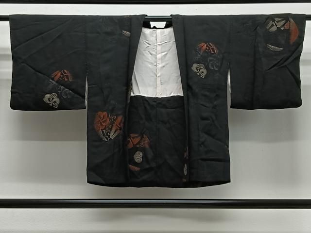 平和屋着物＃羽織　寿光織　草花丸文　黒地　金糸　正絹　逸品　CABG3818ua