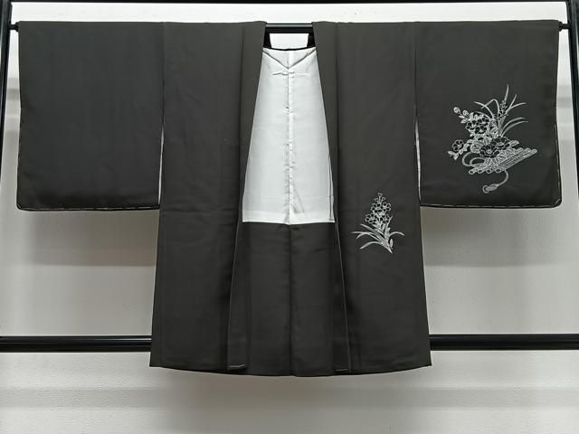平和屋着物#羽織 刺繍 草花文 黒地 正絹 逸品 未使用 CABG3819ua