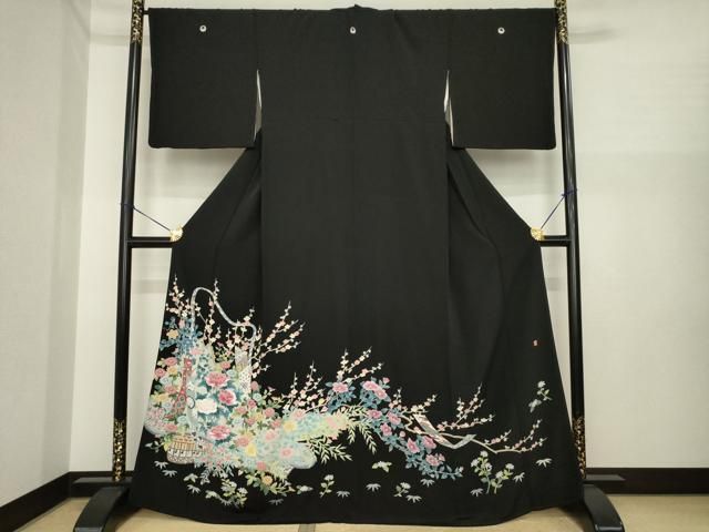 平和屋着物●本加賀友禅作家　染元千紅代表　寺西一紘　黒留袖　短冊花篭文　正絹　逸品　AABI7588ck