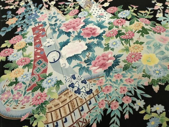 美品　本加賀友禅染め元　千紅代表　 寺西一紘先生　黒留袖　 フルセット 平和屋着物○本加賀友禅作家 染元千紅代表 寺西一紘 黒留袖 短冊花篭文