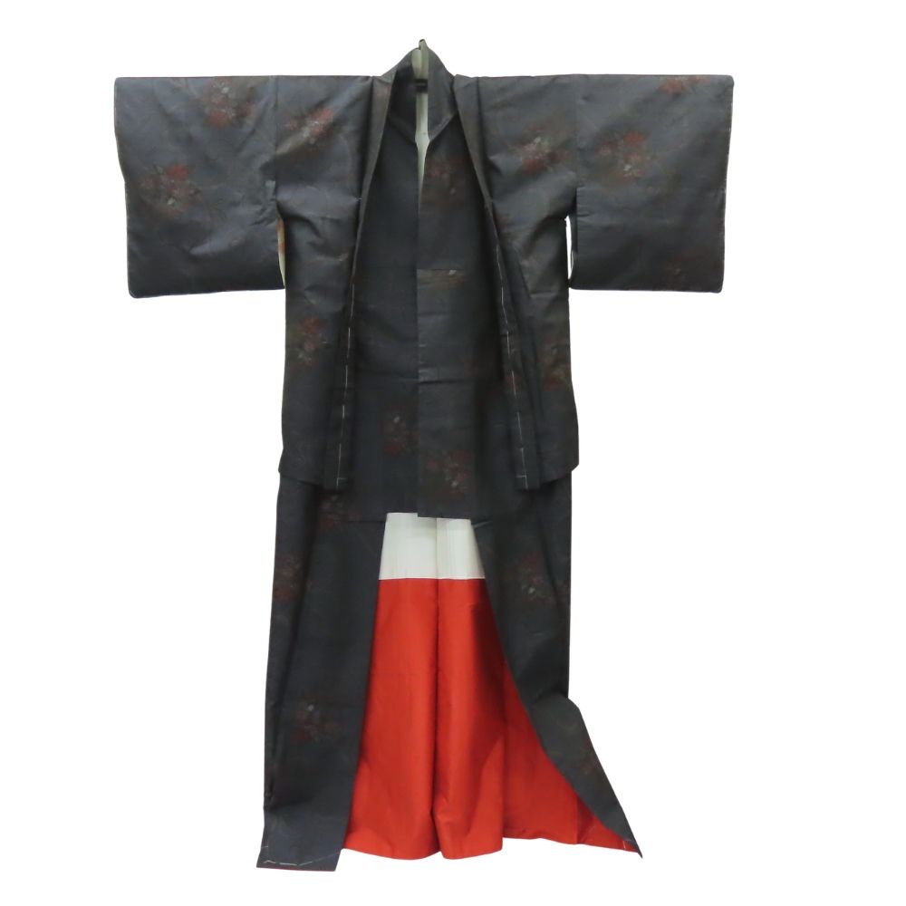 中古】 紬 アンサンブル 正絹 着丈約165cm 裄丈約65cm 濃紺 レッド