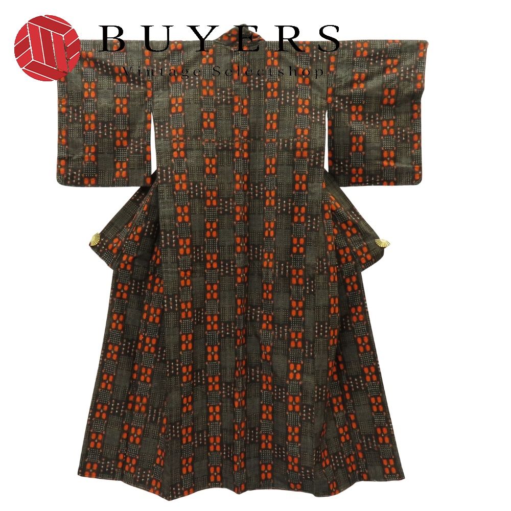 中古】 紬 正絹 着丈約162.5cm 裄丈約65.5cm こげ茶 オレンジ しつけ糸