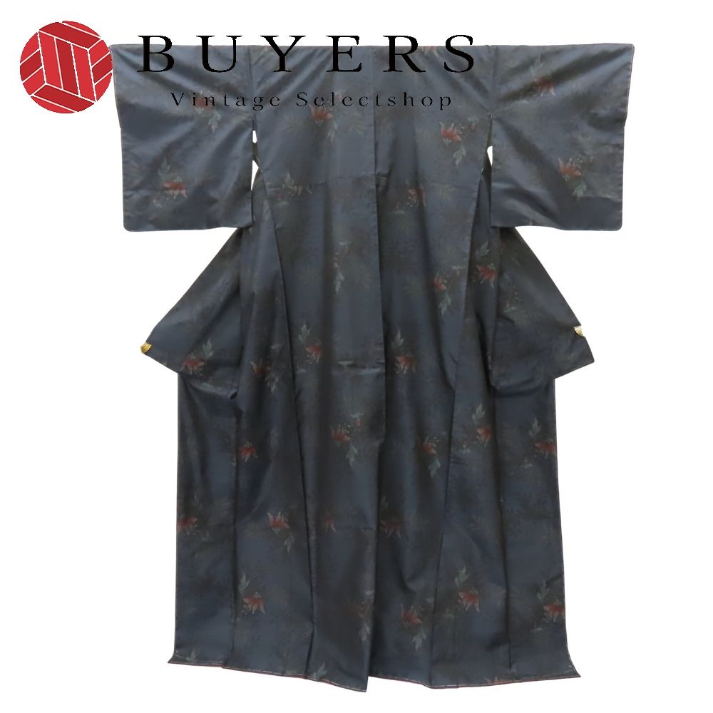 【中古】 紬 大島紬 正絹 着丈約167.5cm 裄丈約67cm 濃紺 レッド しつけ糸あり 横双 花柄 和装 呉服 和服 きもの レディース 女性