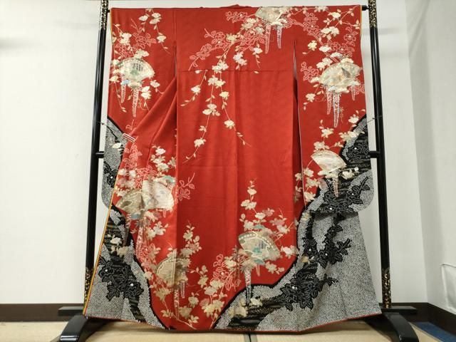 平和屋着物●豪華振袖　絞り　十二単風　檜扇草花文　金銀彩　正絹　逸品　CABG0350yc