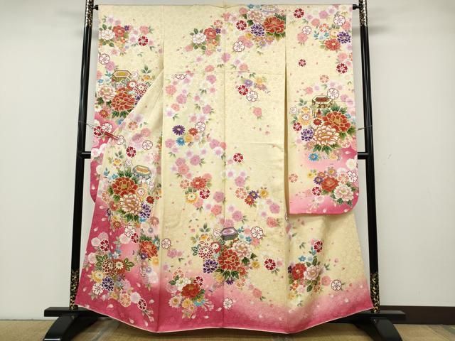 平和屋着物●豪華振袖　貝桶花文　暈し染め　金彩　正絹　逸品　CABG5429ut
