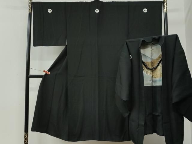 平和屋着物男性 黒紋付 羽織セット 羽裏：虎 正絹 逸品 CABG0101yc