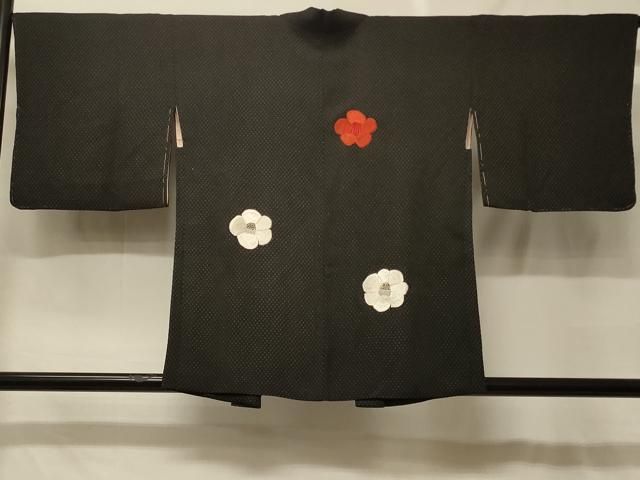 平和屋着物＃羽織　刺繍　椿　黒地　銀糸　正絹　逸品　CABF8984in