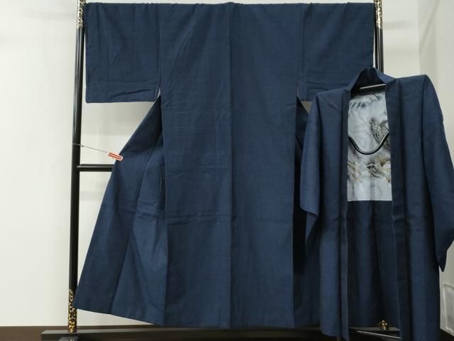 平和屋着物●男性 紬 アンサンブル 色無地 鉄紺色 羽裏:龍 正絹 逸品 CABG0109yc