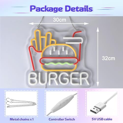 CNBEYOUNG BURGER ネオンサイン ハンバーガー 洋食店ネオンライト標識看板 店舗インテリア レストラン バー カフェ ハンバーグ ステーキ屋 居酒屋 飲食店 喫茶店用サイン パーティー装飾 イベント飾り 多階段調光可 LED ネオン管ラ 国内発送