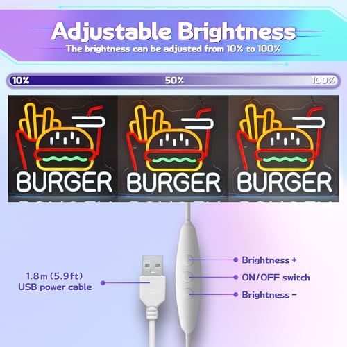 CNBEYOUNG BURGER ネオンサイン ハンバーガー 洋食店ネオンライト標識看板 店舗インテリア レストラン バー カフェ ハンバーグ ステーキ屋 居酒屋 飲食店 喫茶店用サイン パーティー装飾 イベント飾り 多階段調光可 LED ネオン管ラ 国内発送