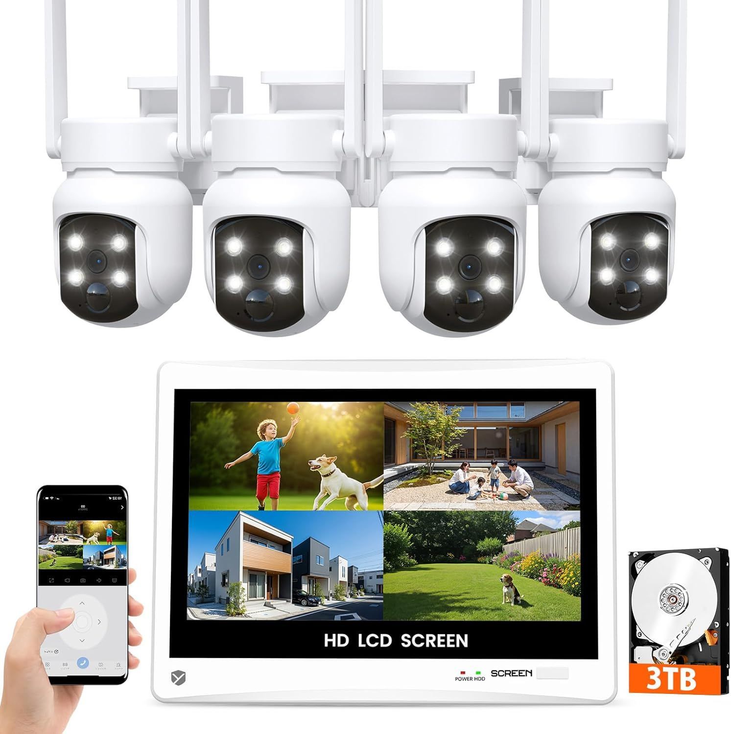 【5MP・360°首振り自動追尾】防犯カメラ 屋外 ワイヤレス YESKAMOO 12インチ一体型IPS防犯モニターとカメラ4台セット 10台まで増設 AI人物検知 フルカラー（500万画素無線防犯カメラ4台＋12インチ防犯モニター付き録画機＋内蔵式HDD）
