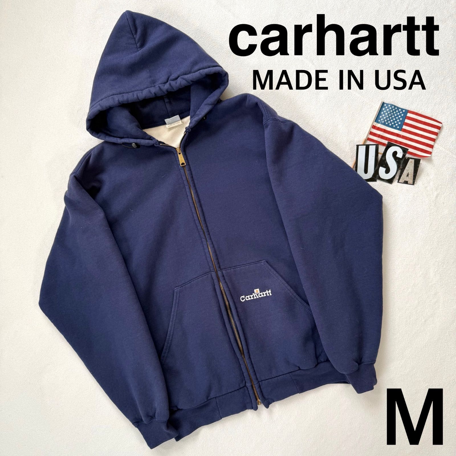 【良品・USA製・グッドフェード・ナス紺ネイビー・M】90s カーハート フルジップパーカー 裏地メッシュ USA製 ヴィンテージ