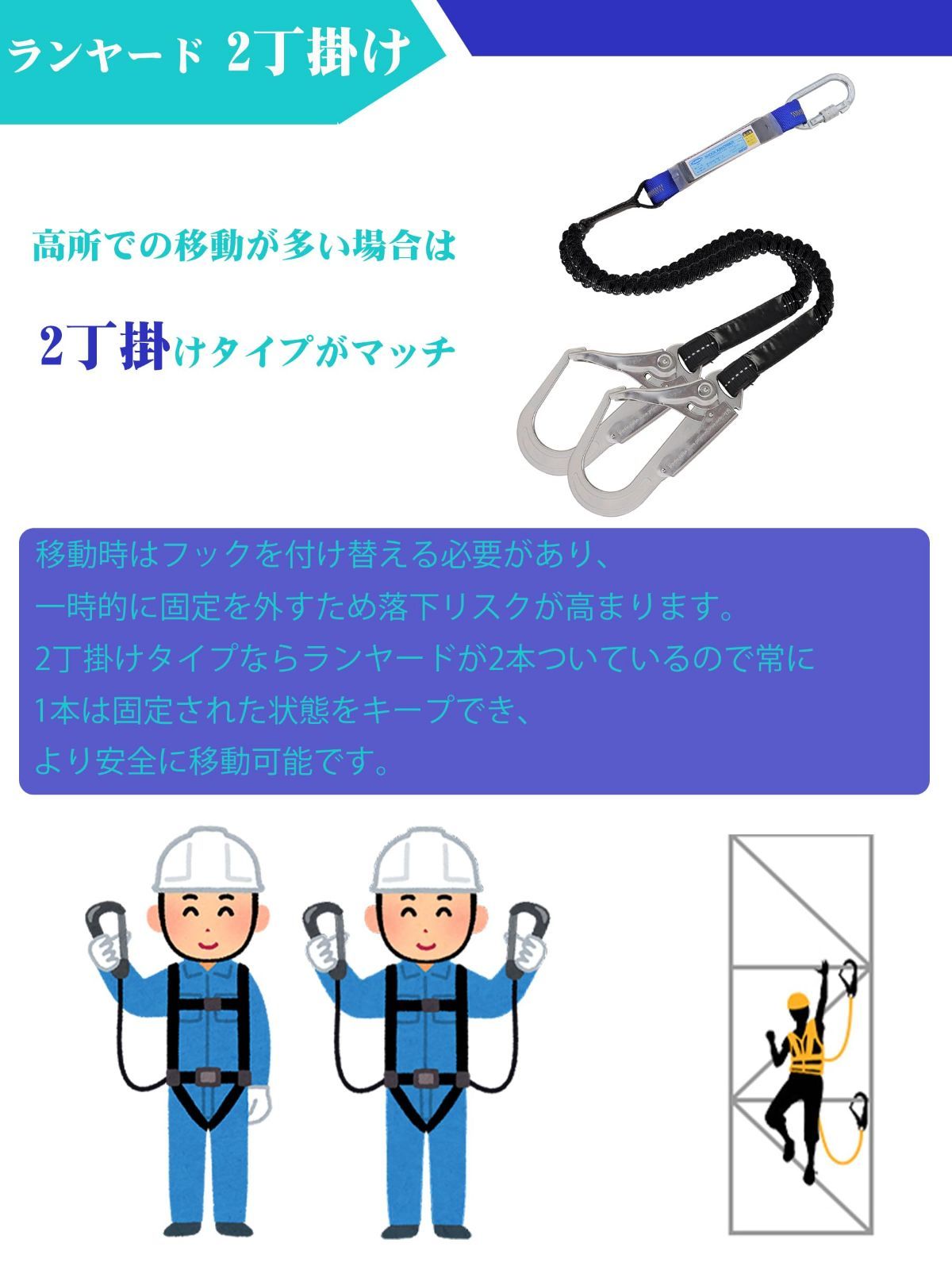 特価商品】2丁掛け フルハーネス用ツインランヤード 安全帯 新規格