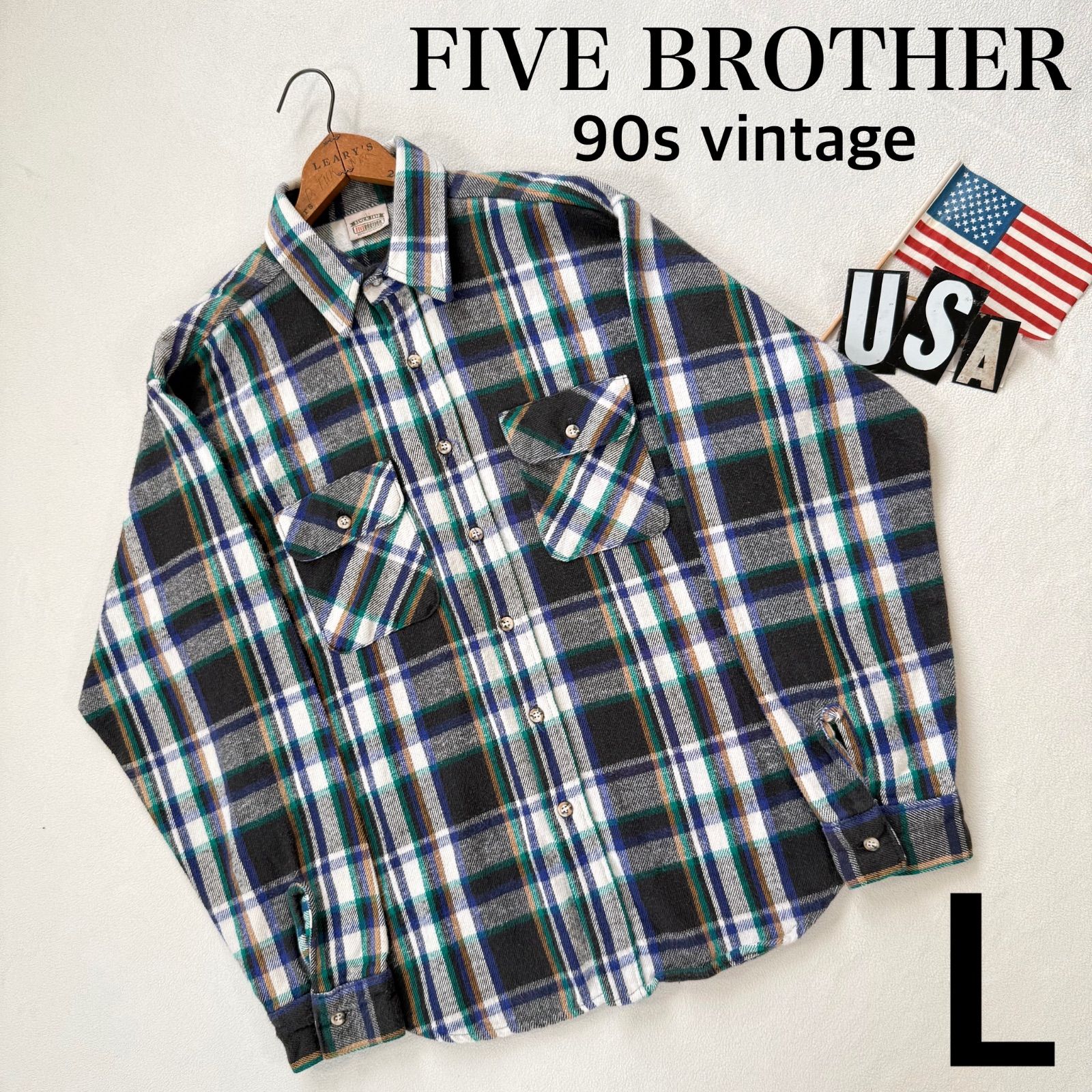 【美品・L・ブラック×ブルー系】90s ファイブブラザー ネルシャツ ヘビーネル USA製 チェック ヴィンテージ ビンテージ