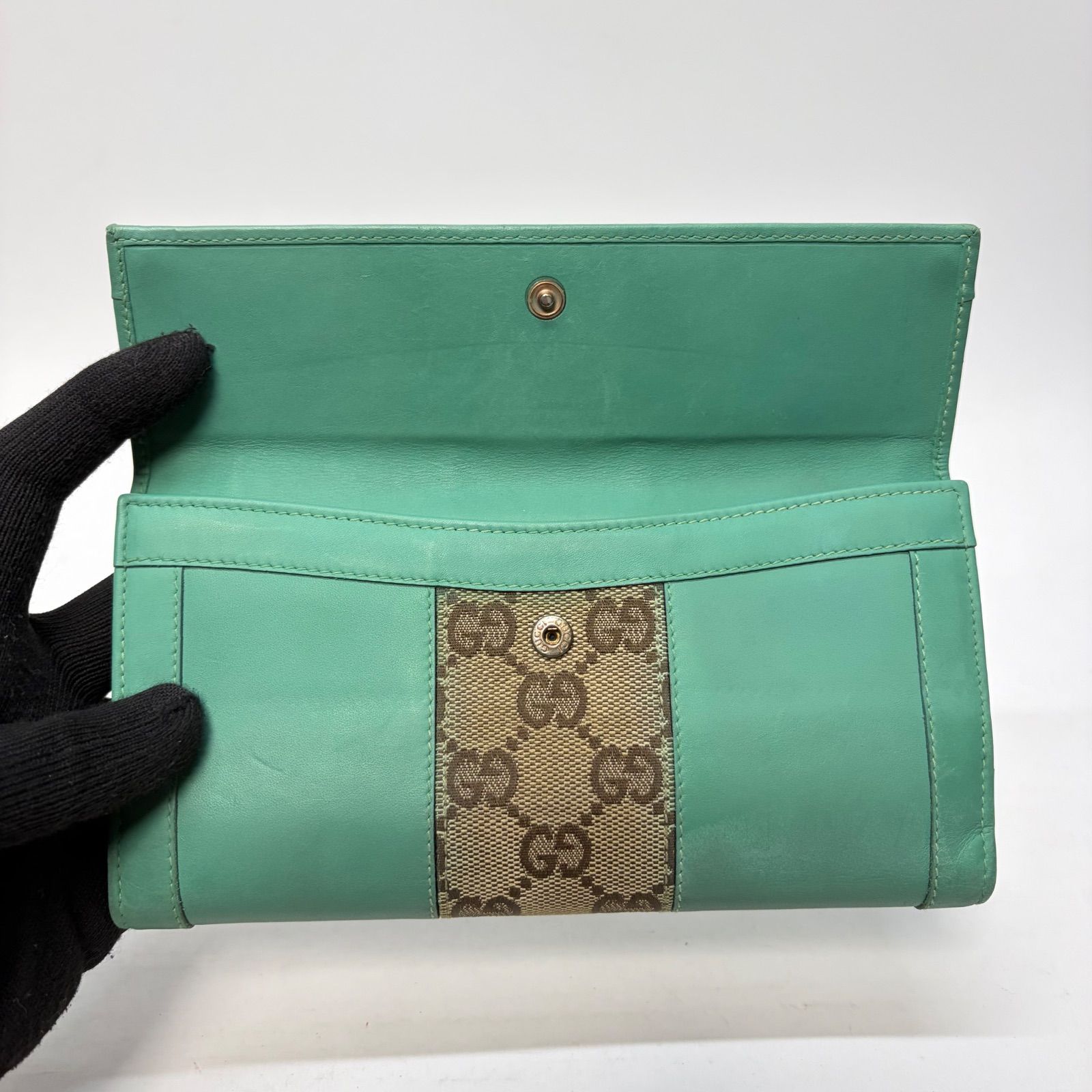 4037 GUCCI グッチ 長財布 グリーン レザー キャンバス Wホック - メルカリ