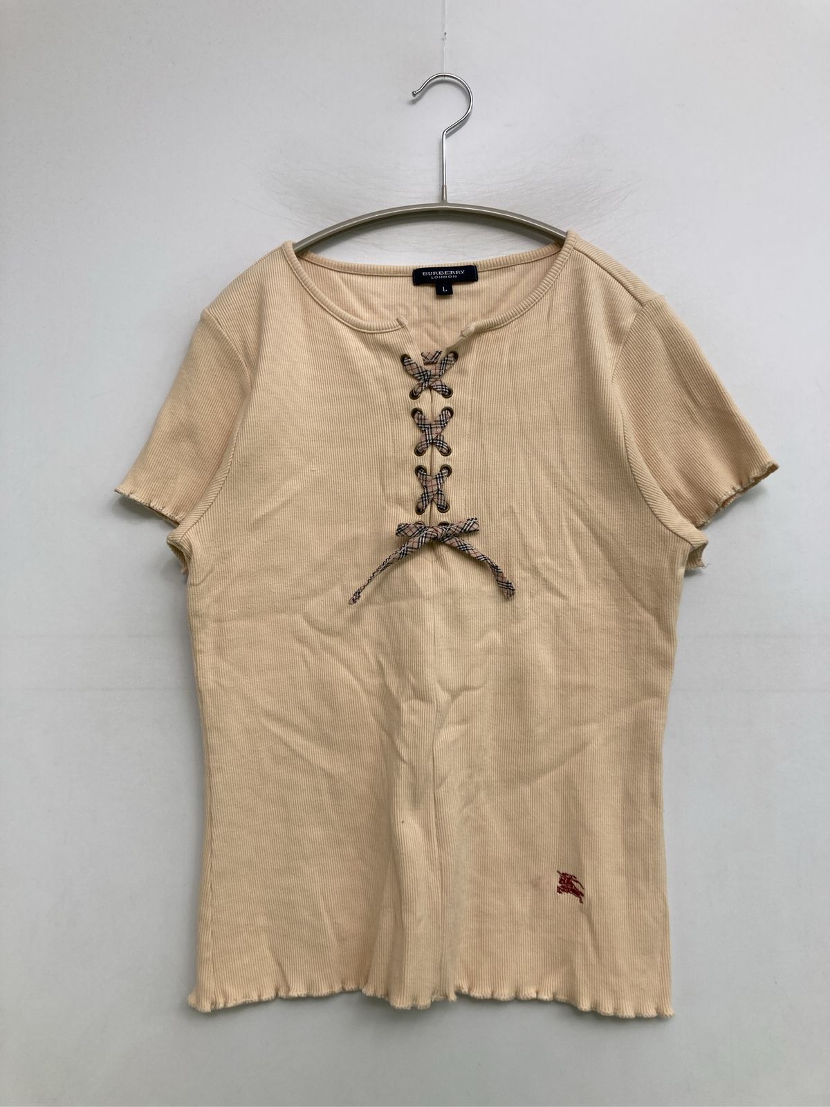 BURBERRY LONDON バーバリーロンドン Tシャツ/カットソー L ベージュ 無地 ワンポイント ブランドロゴ リボン ミドル丈 半袖 クルーネック(丸首) レディース