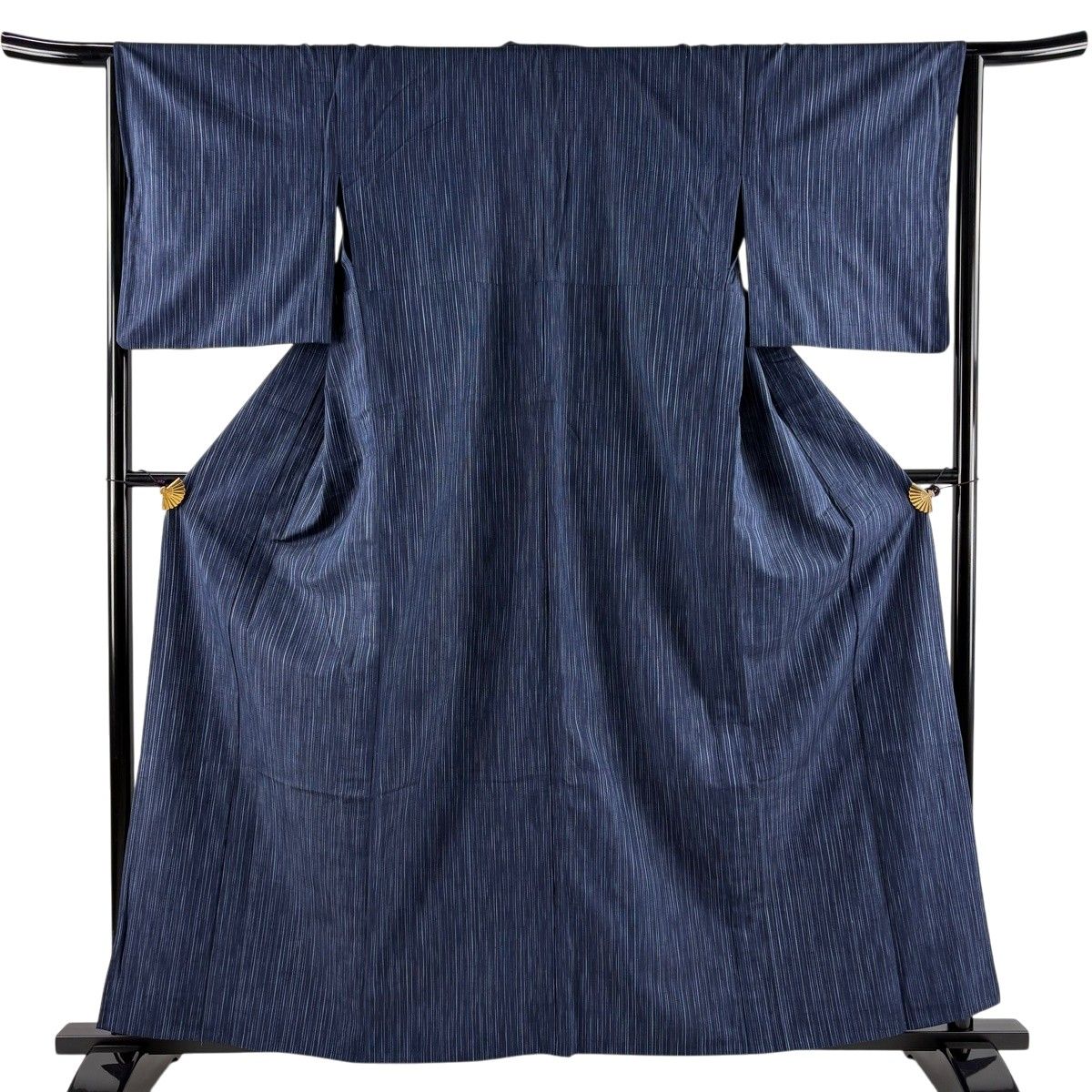 紬 身丈159cm 裄丈64.5cm M 単衣 縦縞 濃紺 正絹 名品 【中古】