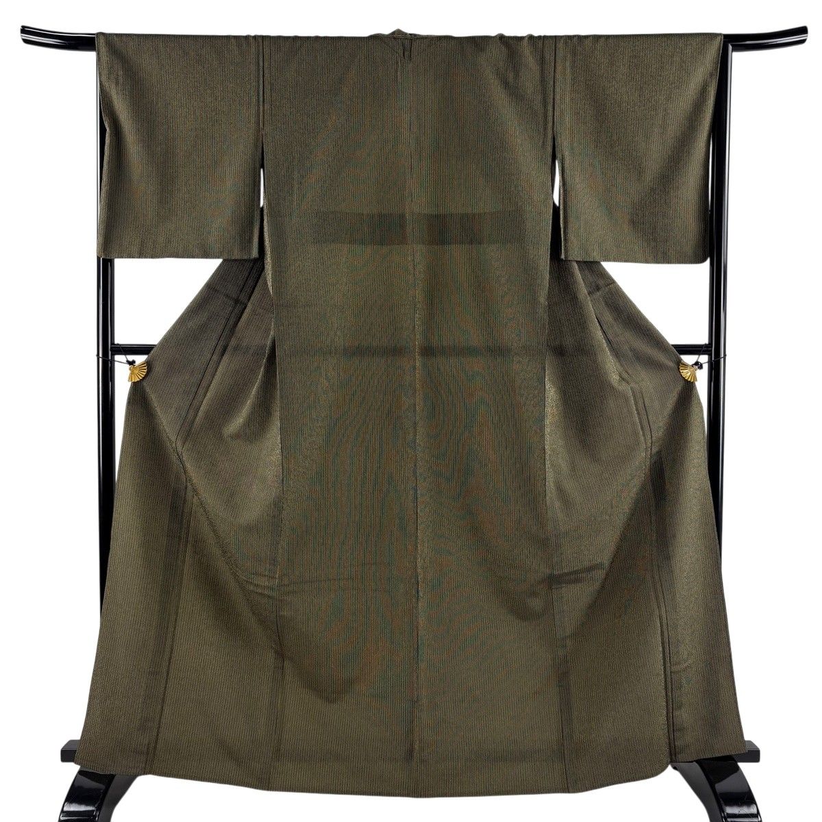 【美品】 紬 身丈165.5cm 裄丈66.5cm M 単衣 縦縞 薄黄土色 正絹 名品 【中古】