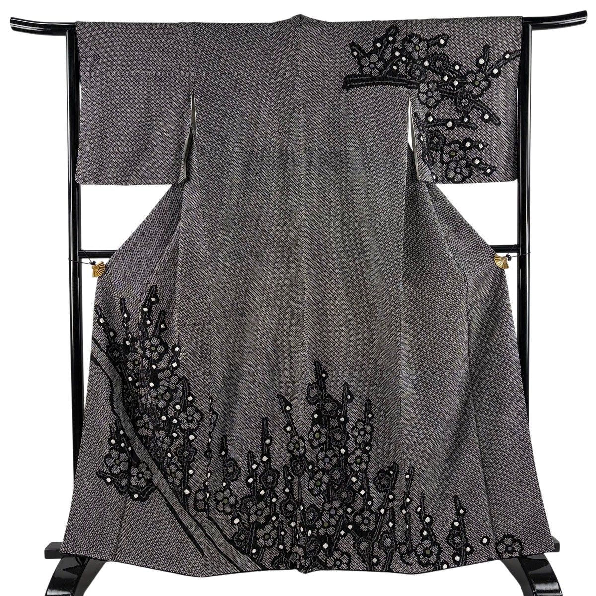 訪問着 身丈162cm 裄丈64cm M 袷 やまと 梅 絞り 刺繍 黒 正絹 名品 【中古】