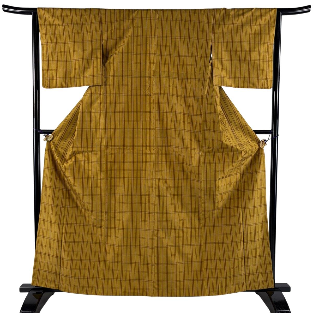 紬 身丈162cm 裄丈63.5cm S 袷 格子 山吹色 正絹 名品 【中古】