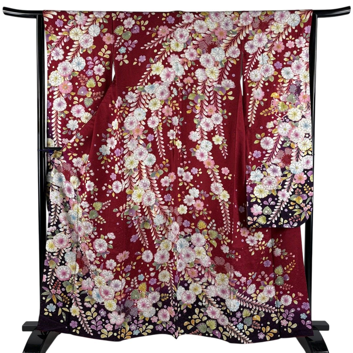 振袖 身丈161cm 裄丈64.5cm M 袷 草花 桜 銀通し 金彩 赤 正絹 名品 【中古】