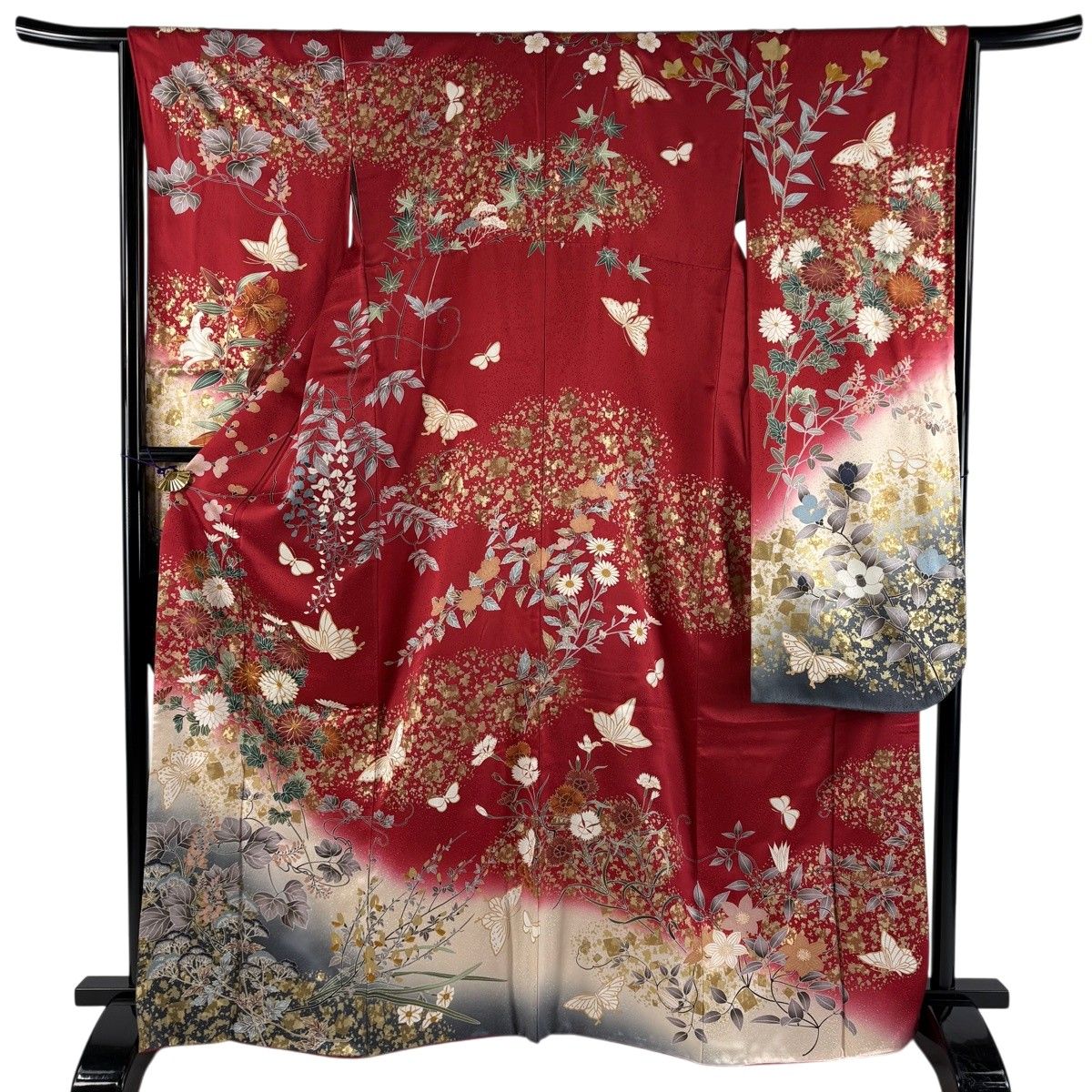 振袖 身丈165cm 裄丈65.5cm M 袷 菊 蝶 金糸 金彩 赤 正絹 名品 【中古
