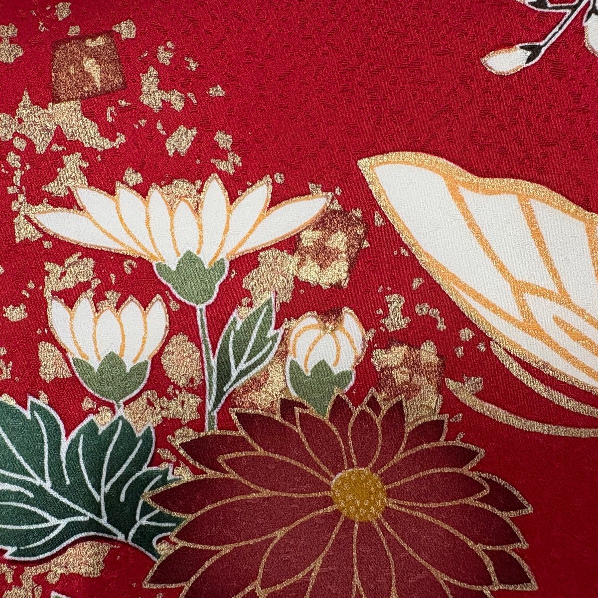 振袖 身丈165cm 裄丈65.5cm M 袷 菊 蝶 金糸 金彩 赤 正絹 名品 【中古 