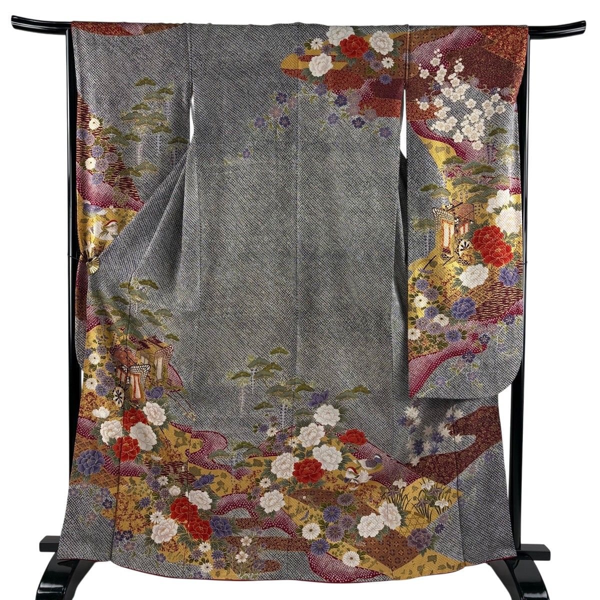 振袖 身丈164.5cm 裄丈65.5cm M 袷 御所車 牡丹 絞り 金彩 黒灰 正絹 名品 【中古】