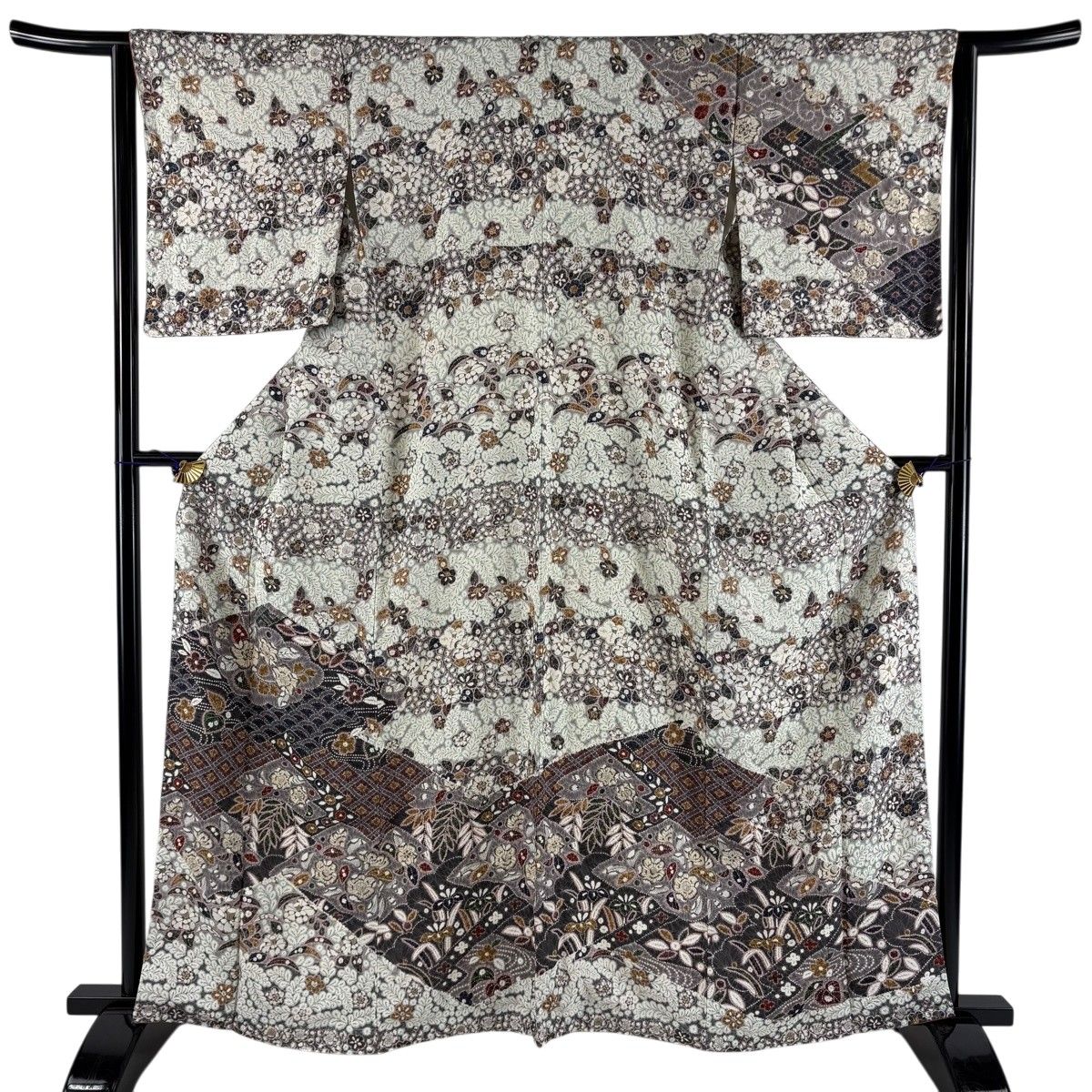 【美品】 訪問着 身丈163cm 裄丈64cm M 袷 辻が花柄 青海波 染め分け 灰紫 正絹 名品 【中古】