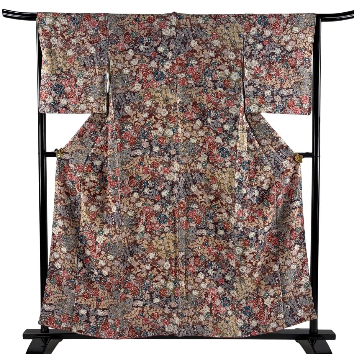 【美品】 小紋 身丈157cm 裄丈65cm M 袷 草花 雲文 小豆色 正絹 名品 【中古】