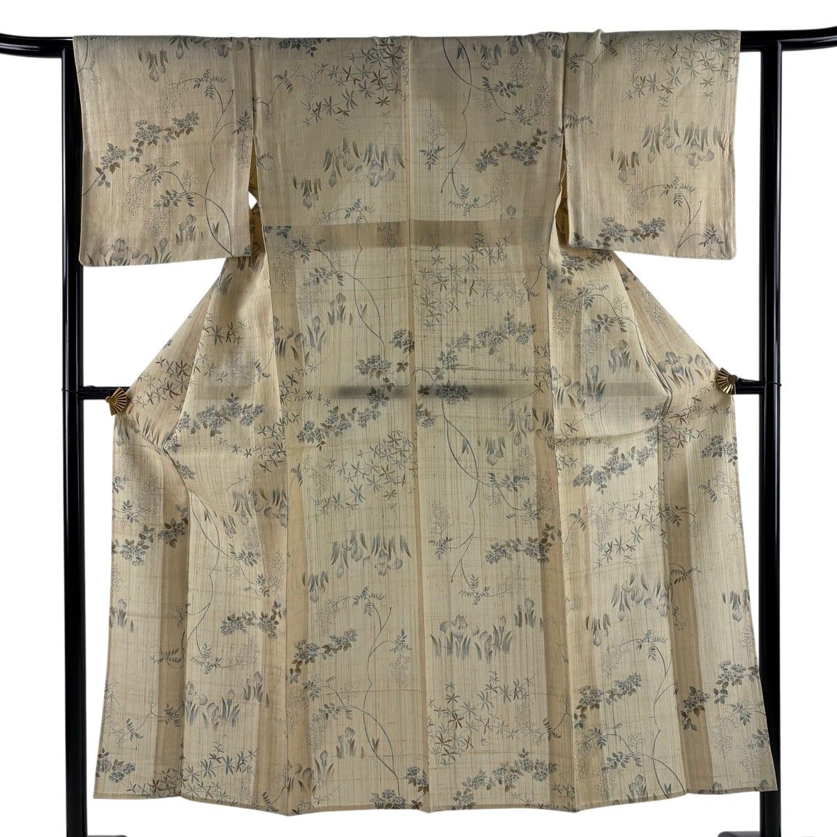 【美品】 小紋 身丈150.5cm 裄丈62cm S 薄物 夏紬地 草花 ベージュ 正絹 名品 【中古】