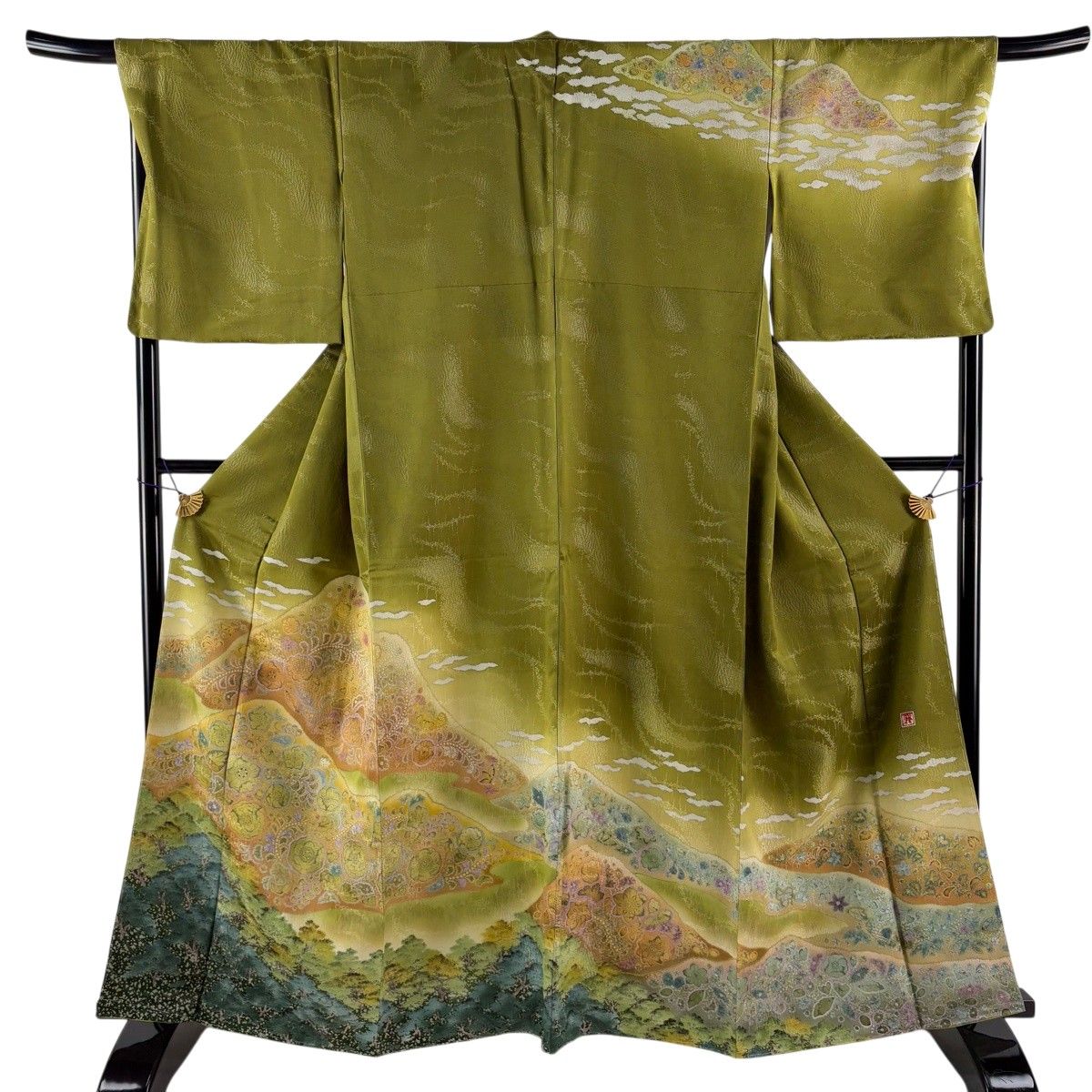【美品】 訪問着 身丈164.5cm 裄丈68.5cm L 袷 吉乃一廉 落款 辻が花 銀通し ぼかし 鶯色 正絹 逸品 【中古】