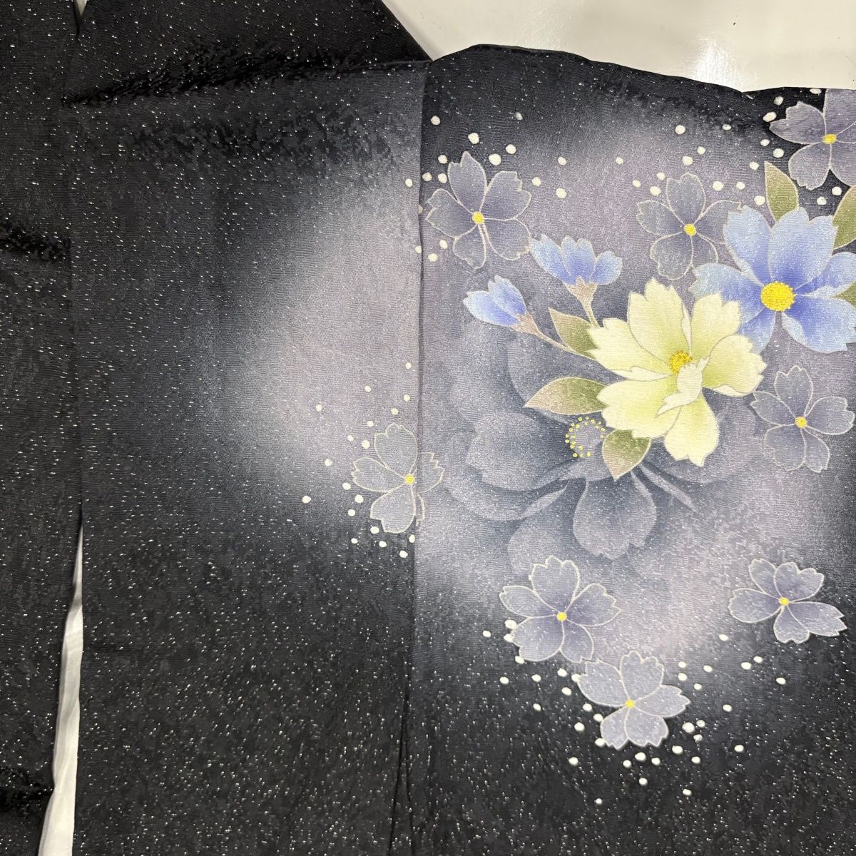 美品】 振袖 身丈164cm 裄丈66cm M 袷 草花 銀通し 箔 黒 正絹 逸品 