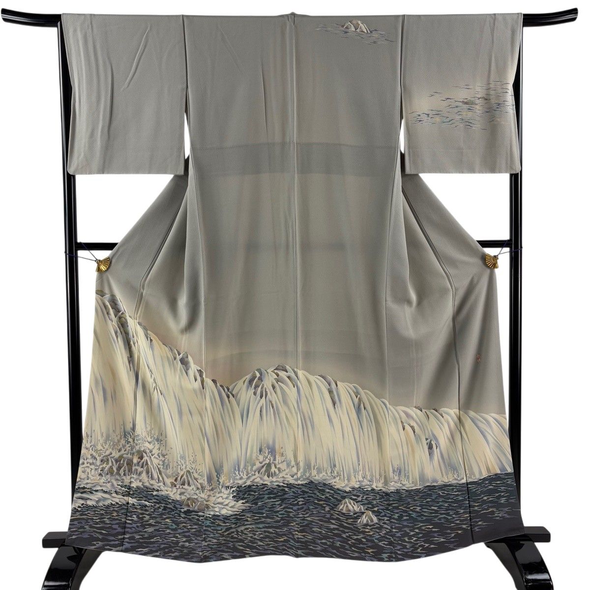 訪問着 身丈163cm 裄丈66cm M 袷 落款 滝 ぼかし 灰色 正絹 逸品 【中古】