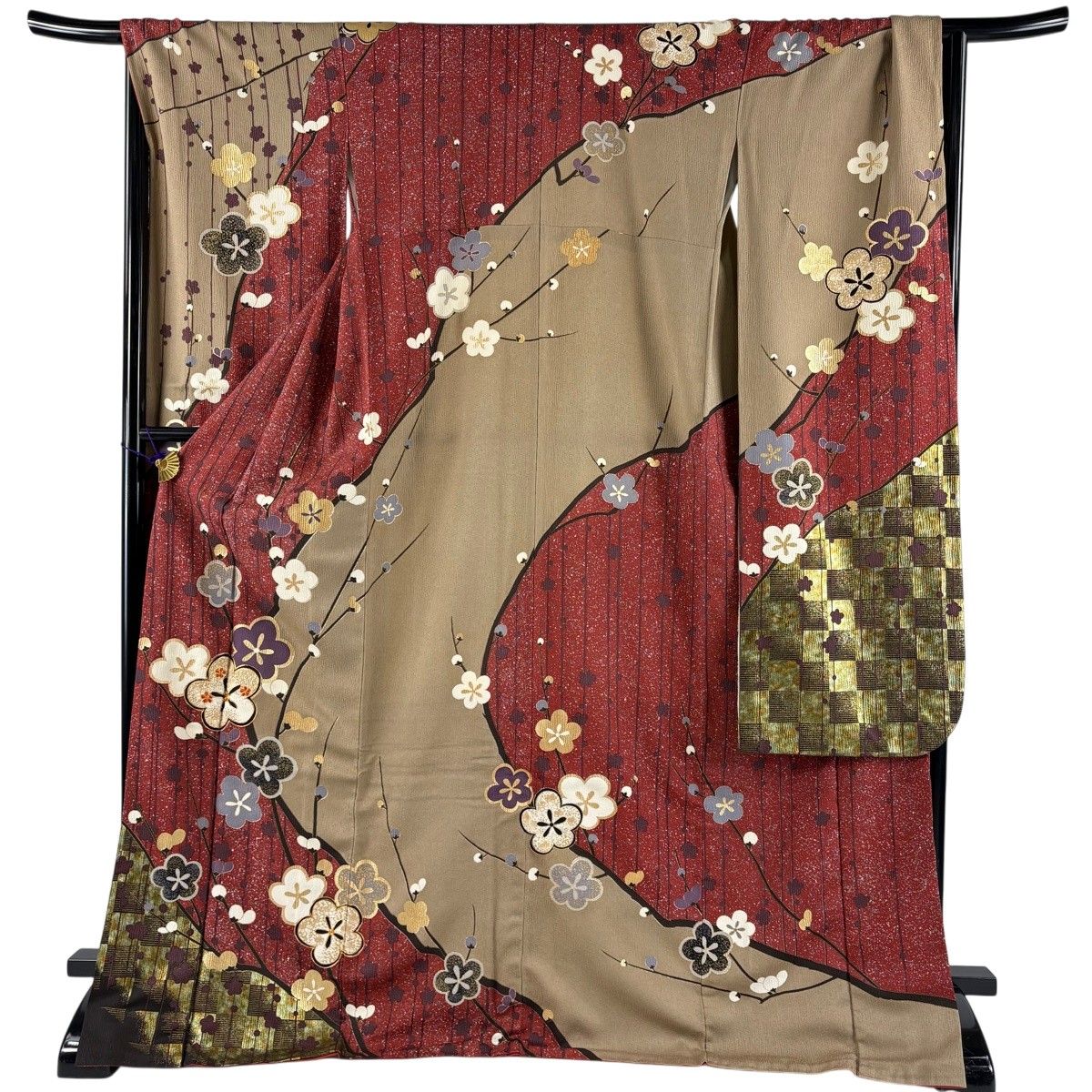 振袖 身丈173.5cm 裄丈68cm L 袷 枝梅 市松 金糸 金彩 茜色 正絹 秀品 【中古】