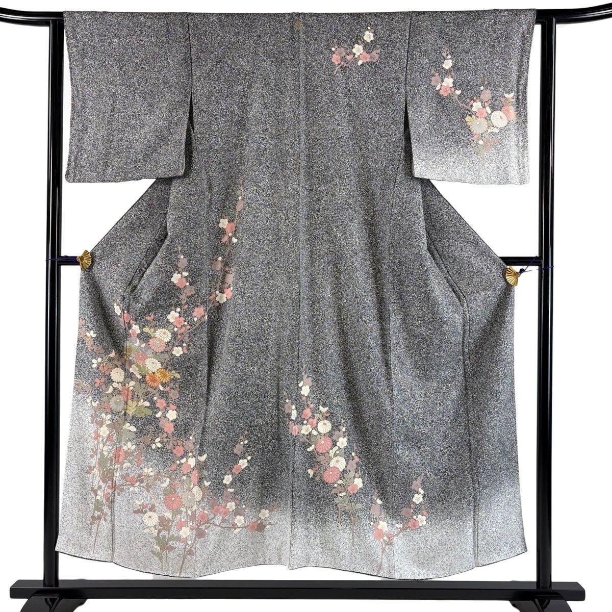 【美品】 訪問着 身丈151.5cm 裄丈62.5cm S 袷 草花 金糸 金彩 黒灰 正絹 秀品 一つ紋 【中古】