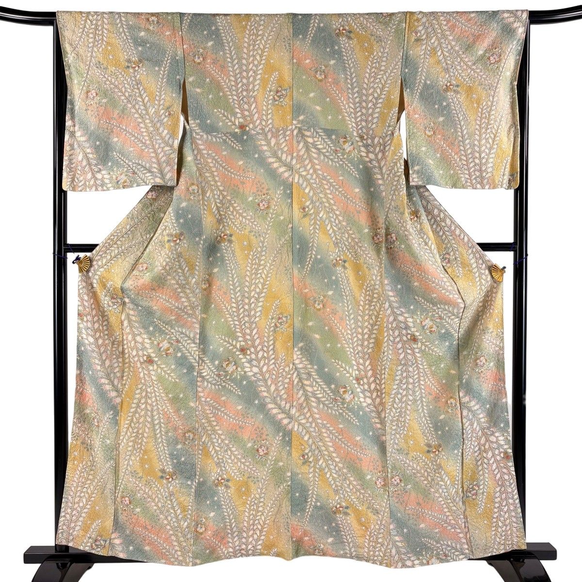 【美品】 小紋 身丈158.5cm 裄丈65.5cm M 袷 藤 桜 金彩 絞り 青灰色 正絹 秀品 【中古】