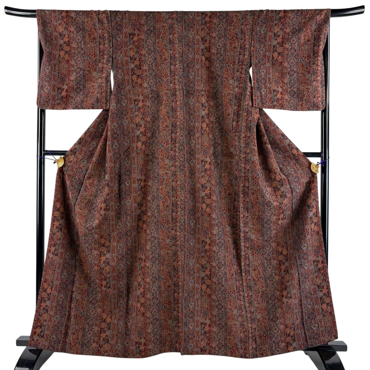【美品】 小紋 身丈162.5cm 裄丈67.5cm L 袷 印度更紗 証紙 花唐草 幾何学模様 赤茶 正絹 秀品 【中古】