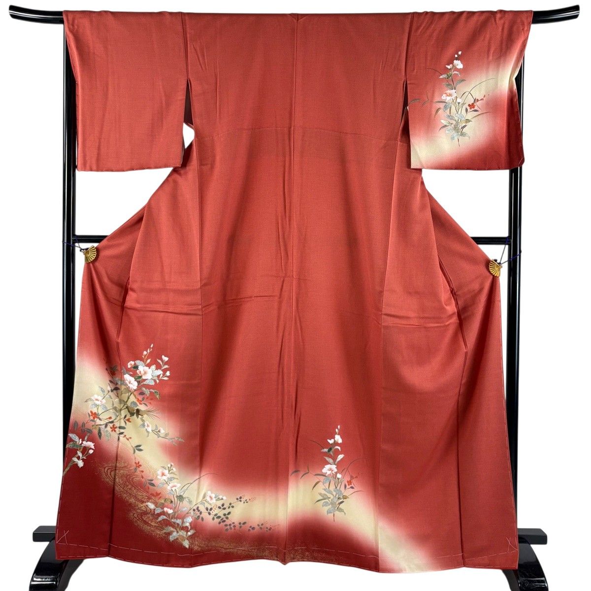訪問着 身丈164.5cm 裄丈67.5cm L 袷 枝花 鳥 金銀彩 ぼかし 茜色 正絹