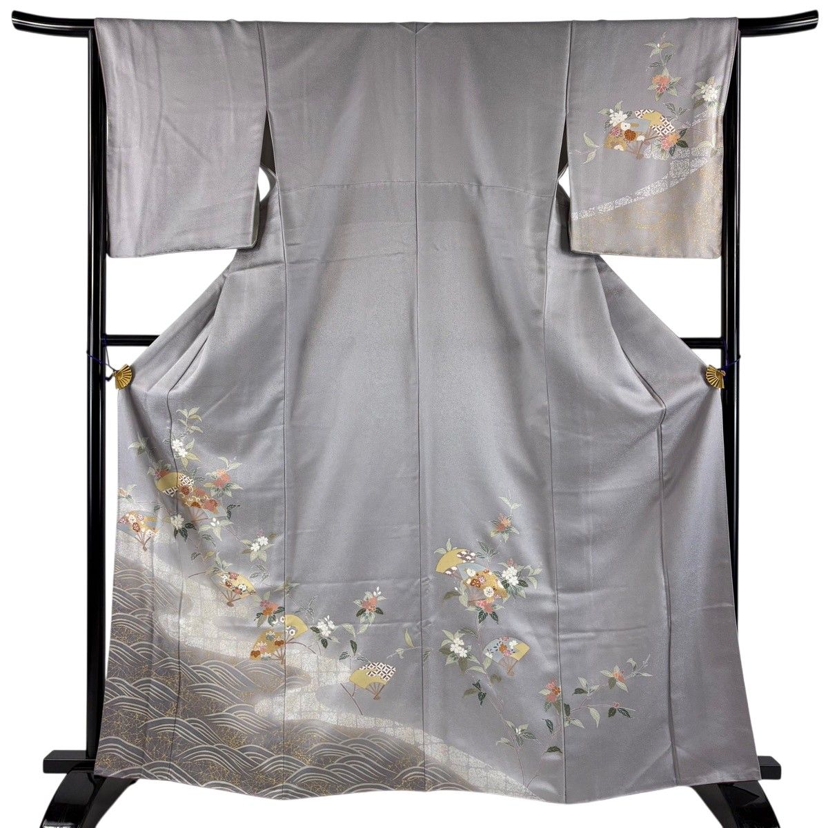 美品】 訪問着 身丈166cm 裄丈65cm M 袷 扇 草花 金彩 灰紫 正絹 秀品