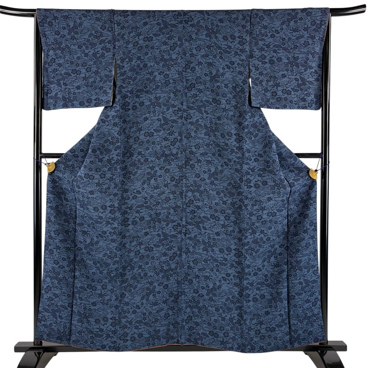 【美品】 小紋 身丈158cm 裄丈66cm M 袷 草花 流水 縮緬 藍色 正絹 秀品 【中古】