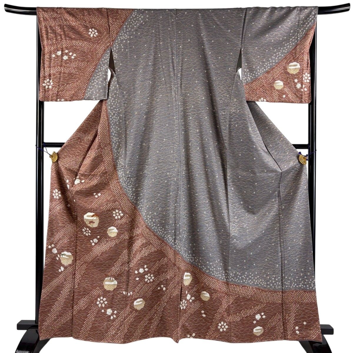 【美品】 訪問着 身丈164cm 裄丈67.5cm L 袷 松竹梅 芝 絞り 金銀彩 小豆色 正絹 秀品 【中古】