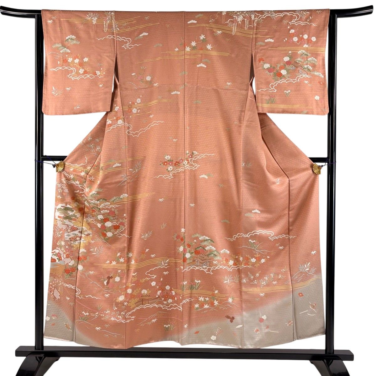 【美品】 訪問着 身丈154cm 裄丈63.5cm S 袷 雪輪 草花 金彩 ぼかし サーモンピンク 正絹 秀品 【中古】